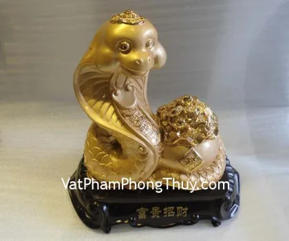 Rắn vàng kim,bồn tụ vàng, đế gỗ- Phú quý chiêu tài E091