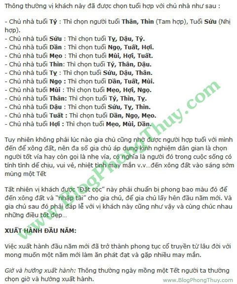 Xuất hành, chọn tuổi xông nhà (xông đất), khai trương Tết Tân Mão 2011
