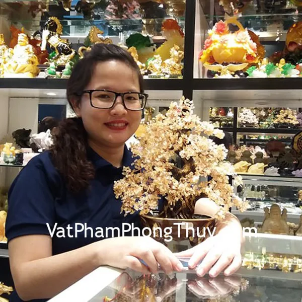 Chị Quyên - khách hàng mua cây tài lộc thạch anh vàng đế tròn KC103