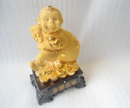 Khỉ tài lộc kéo túi vàng đế gỗ - hậu niên viên mộng K056M