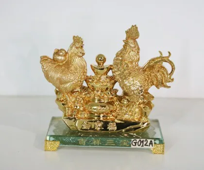 Gia đình gà bên đống kim bảo đế thủy tinh (mini) - Cát tường tam bảo FG013A