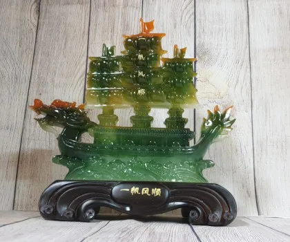 Thuyền buồm đầu rồng xanh ngọc đa sắc trên sóng xanh đế gỗ - Nhất Phàm Phong Thuận LN143