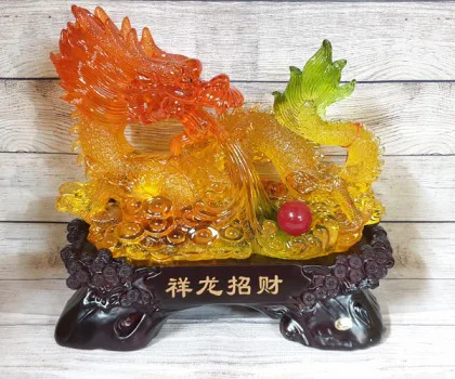 Đế tượng Vua rồng vàng cam ngọc lưu ly nhả hồng ngọc trên đống kim nguyên bảo khủng - Tường Long Chiêu Tài LN147-1