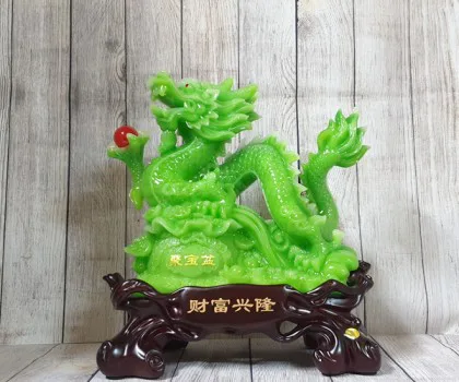 Thần rồng xanh ngọc khủng cầm hồng ngọc trên túi kim nguyên bảo đế gỗ - Tài Phú Hưng Long/ Bồn Tụ Bảo LN149