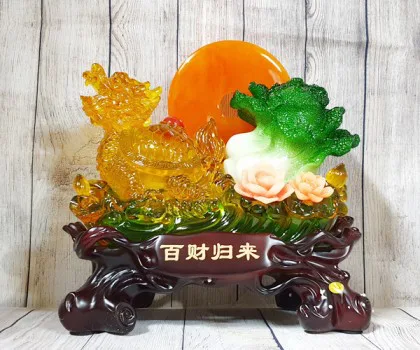 Thần rùa đầu rồng vàng lưu ly kéo bắp cải xanh trăng cam trên hồ sen hồng - Bách Tài Quy Lai FLN161