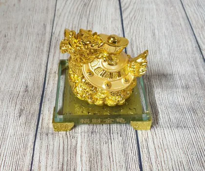 Thần rùa đầu rồng vàng bóng mai điểm hồng ngọc trên đống tiền vàng đế gỗ - Chiêu Tài Kim Quy FLN162
