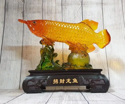 Thần cá kim long cam ngọc lưu ly trên túi kim bảo lá sen đế gỗ lớn - Chiêu Tài Long Ngư LN166