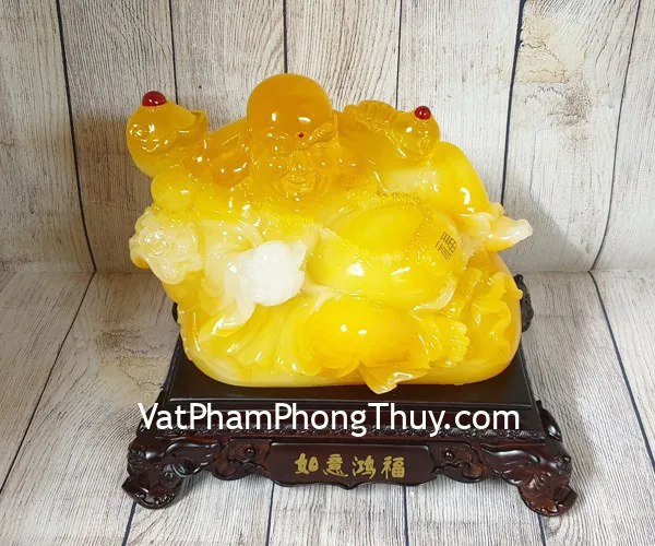 Đế tượng Phật di lạc cam vàng ngọc vác như ý có hồng châu trên túi tài lộc khủng - Như Ý Hồng Phước LN187-1
