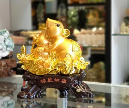 Chuột vàng trên mẫu đơn ôm hồ lô - Cầm chuột nạp phước TM002
