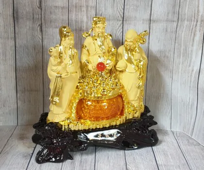 Tam đa phước lộc thọ vàng kim sa bên hũ vàng lưu ly lớn - Tam Tinh Tụ Bảo LN112