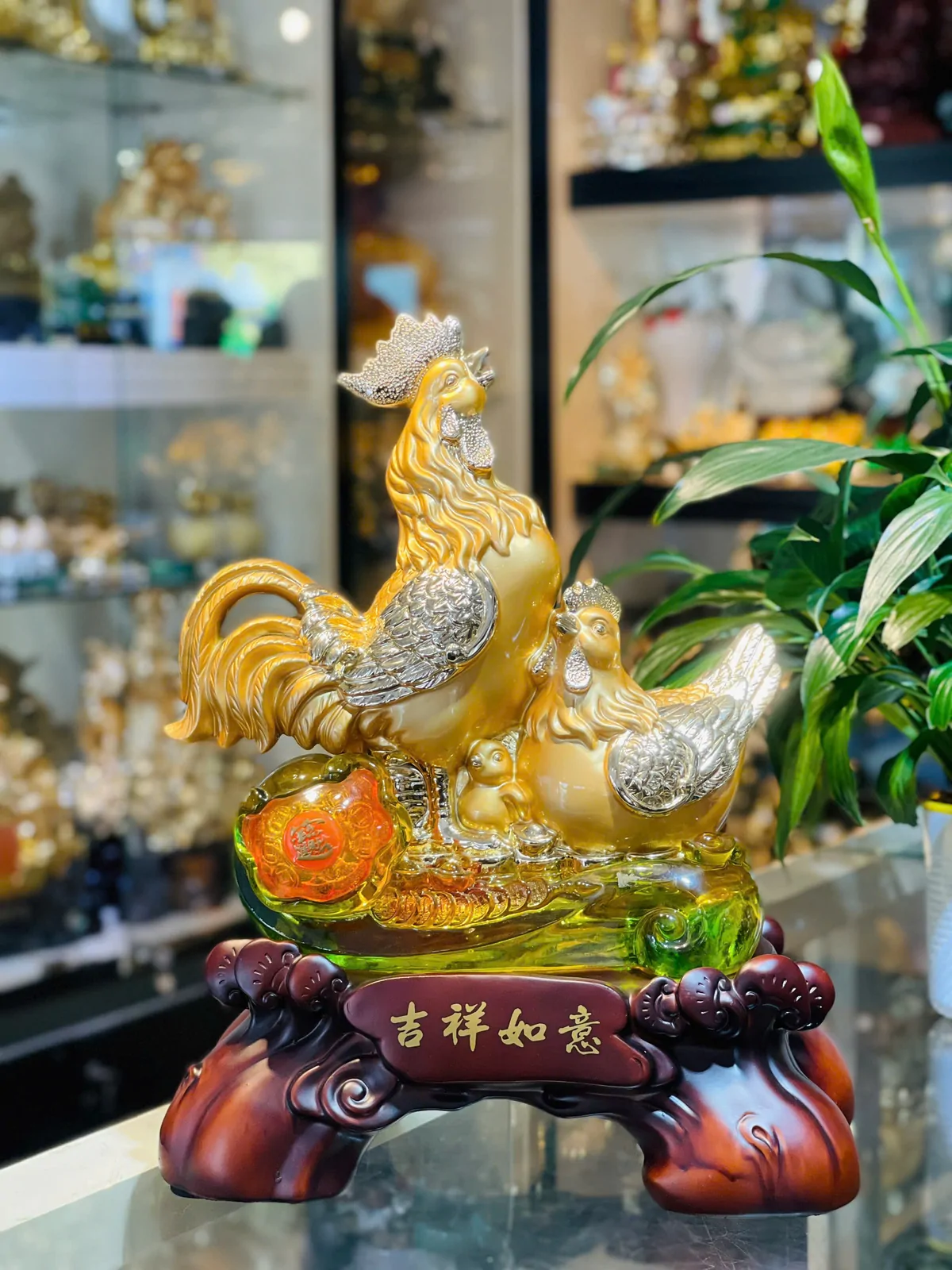Gia đình gà trên gậy như ý lưu ly - Cát tường như ý G007A