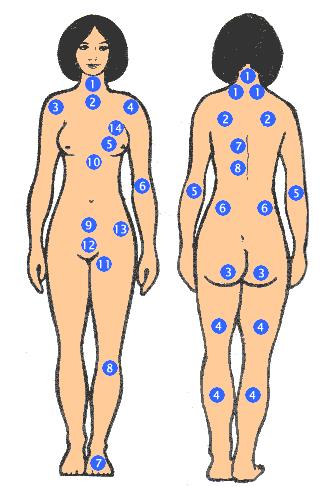 Xem nốt ruồi trên thân thể phụ nữ (mặt trước)